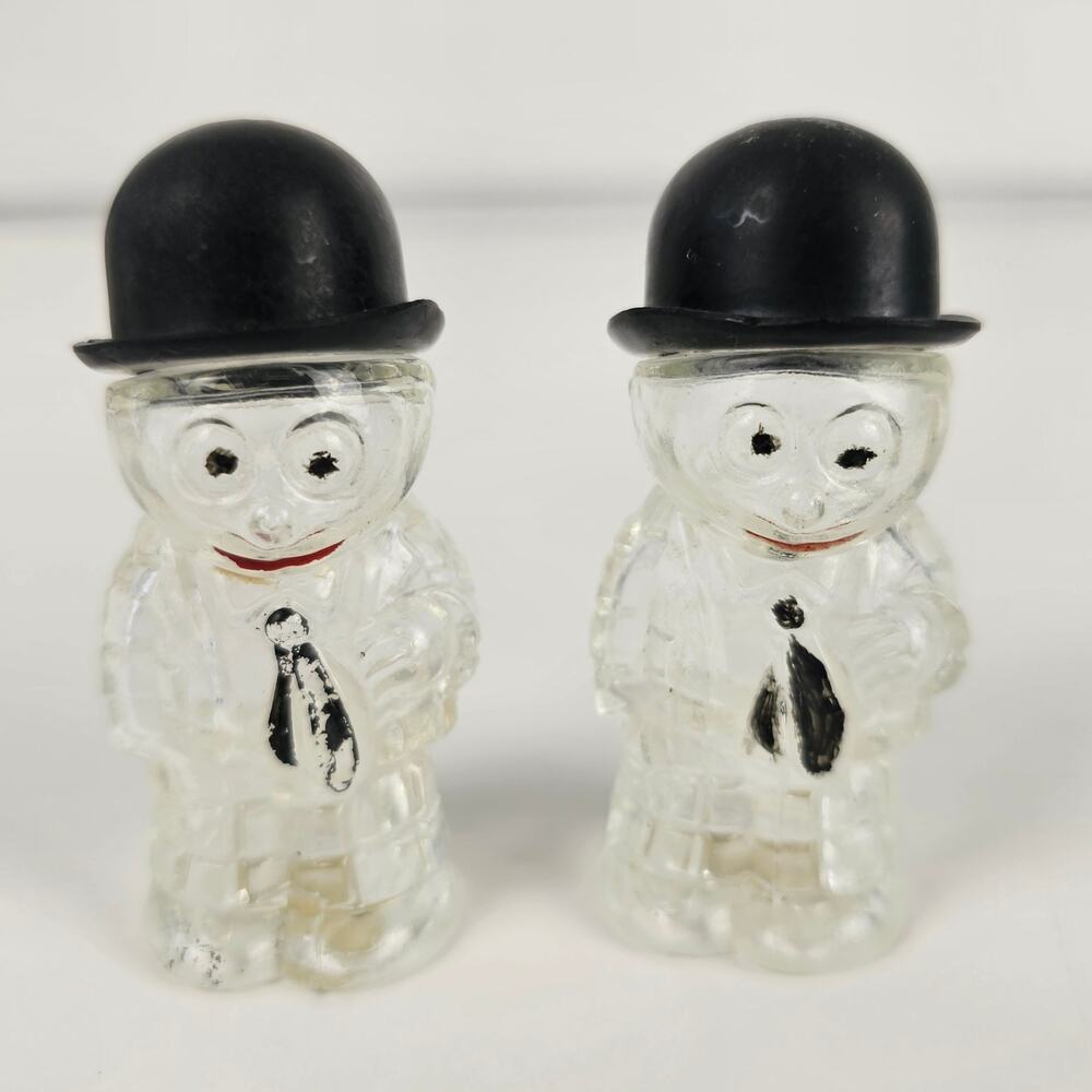 VTG pair glass salt & pepper shakers men in bowler hats painted details